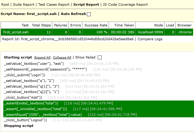 Reports log single script