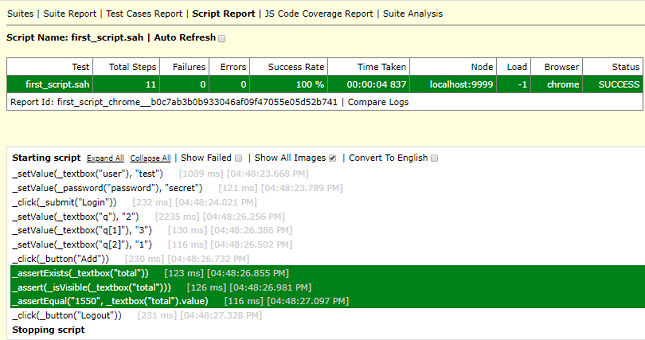Reports log single script