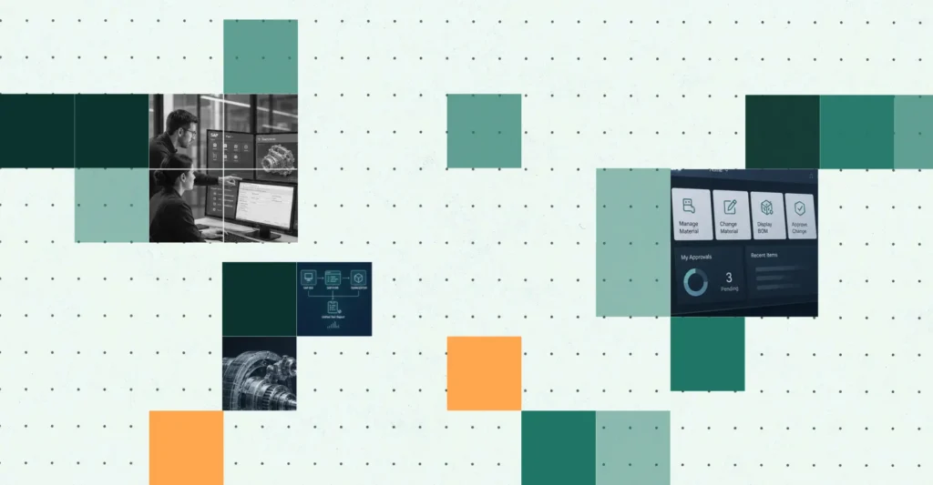 Illustration showing SAP GUI, SAP Fiori, Teamcenter Active Workspace, and integration workflows connected through a unified test automation framework, enabling cross-platform validation across PLM, SAP transactions, and APIs.