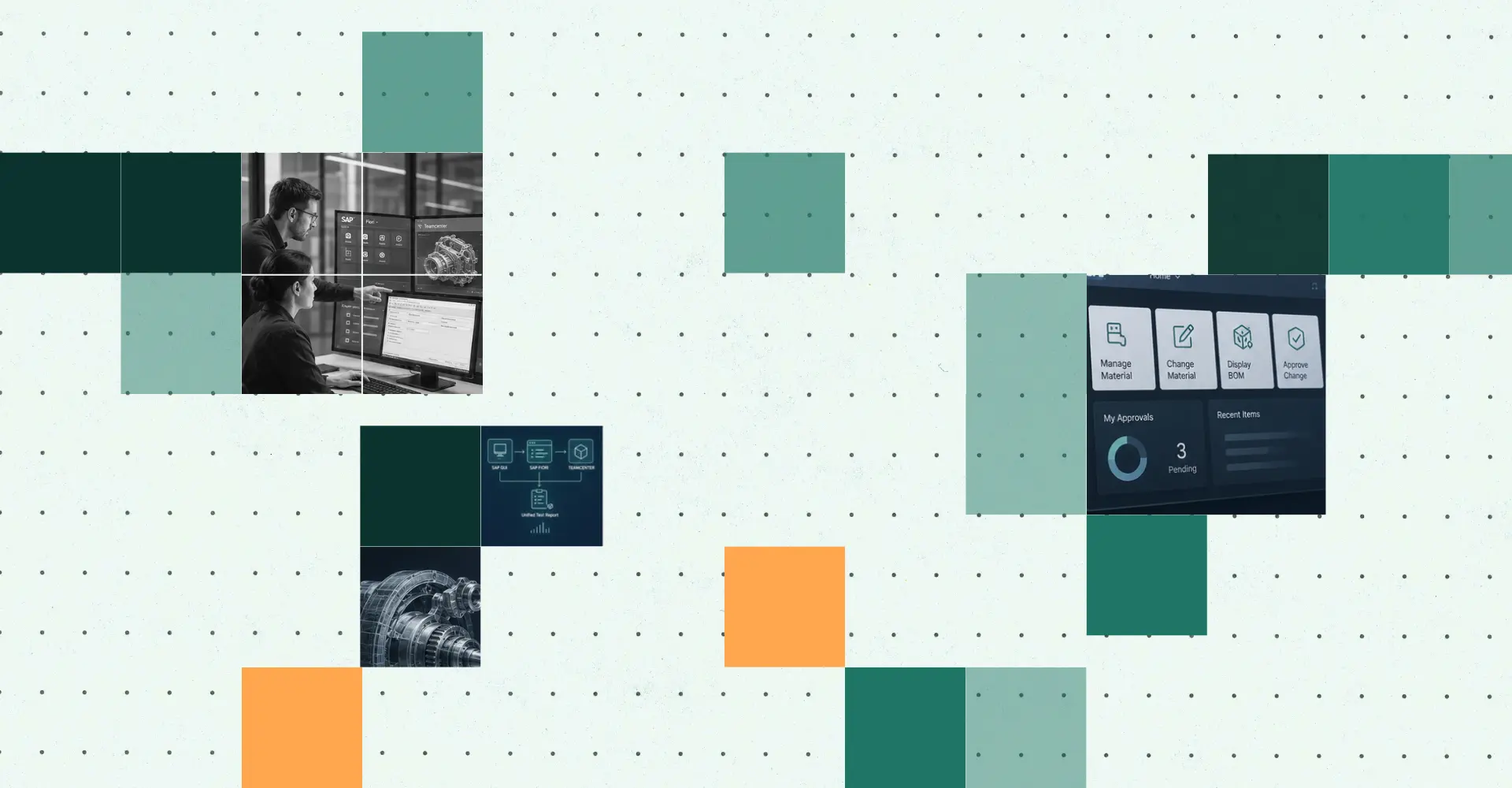 Illustration showing SAP GUI, SAP Fiori, Teamcenter Active Workspace, and integration workflows connected through a unified test automation framework, enabling cross-platform validation across PLM, SAP transactions, and APIs.