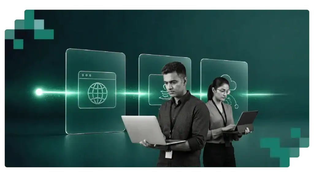 A cover image of a blog that talks about Cross Platform Test Automation: Sahi Pro Web, Java, and API. The image represents unified test automation across web applications, Java desktop clients, and APIs, enabling end-to-end validation of enterprise workflows through a single test script and execution framework.