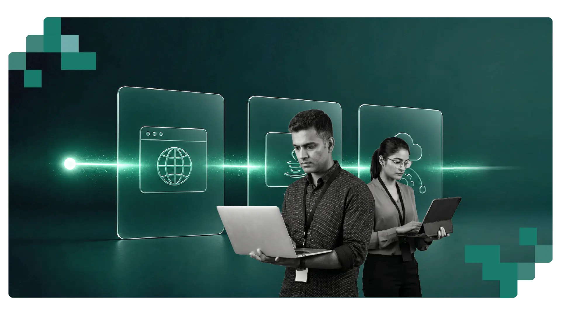 A cover image of a blog that talks about Cross Platform Test Automation: Sahi Pro Web, Java, and API. The image represents unified test automation across web applications, Java desktop clients, and APIs, enabling end-to-end validation of enterprise workflows through a single test script and execution framework.