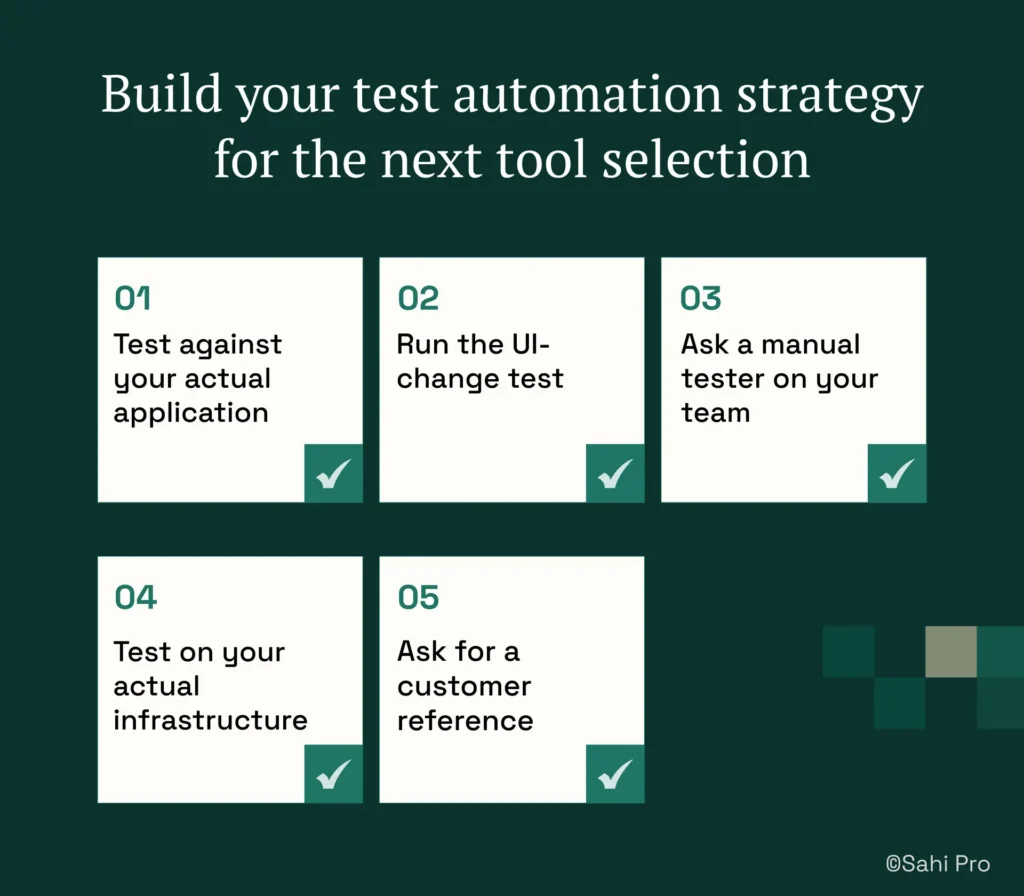 Infographic outlining five best practices for selecting a new test automation tool: testing against the actual application, validating UI-change handling, involving manual testers in evaluations, testing on real infrastructure, and obtaining customer references before making a purchase decision.