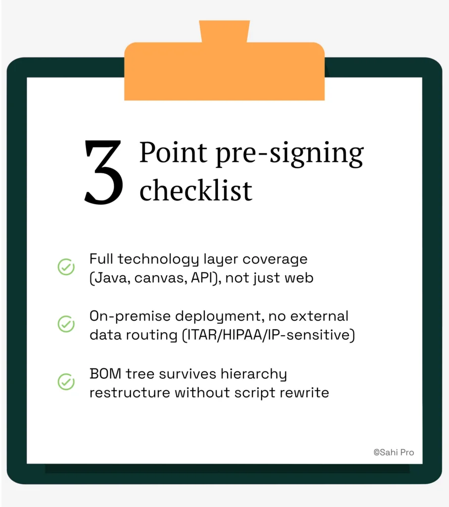 Checklist infographic outlining three pre-signing evaluation criteria for enterprise PLM QA tools: support for full technology stack coverage including Java, Canvas, and APIs; secure on-premise deployment without external data routing for ITAR, HIPAA, and IP-sensitive environments; and resilient BOM tree automation that survives hierarchy changes without requiring script rewrites.