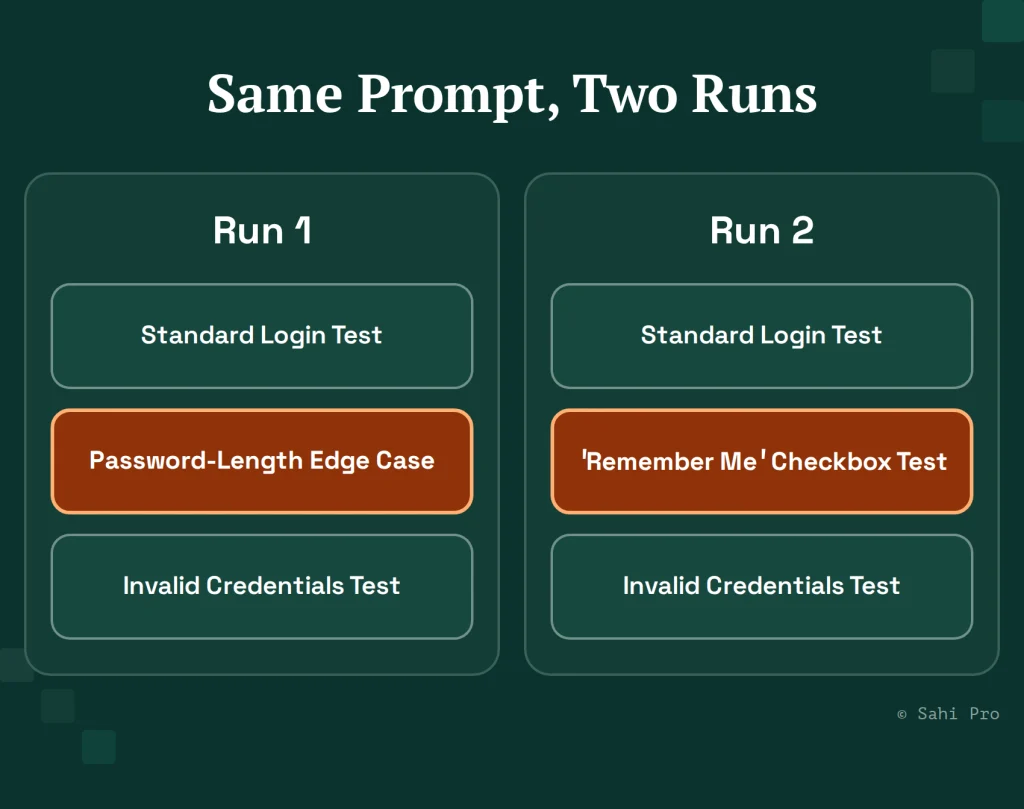 Two runs using the same prompt generate different edge-case tests, highlighting the inconsistency of AI-generated tests despite retaining standard login and invalid credentials tests.